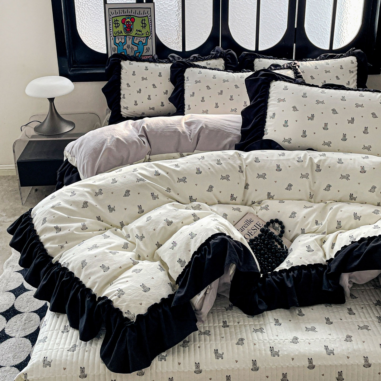 91家纺网 家纺一手货源 找家纺 富米莱（原臻工厂） 2026新款法式赫本风大花边A类古法仿棉云感纱床盖床裙四件套 恰恰狗