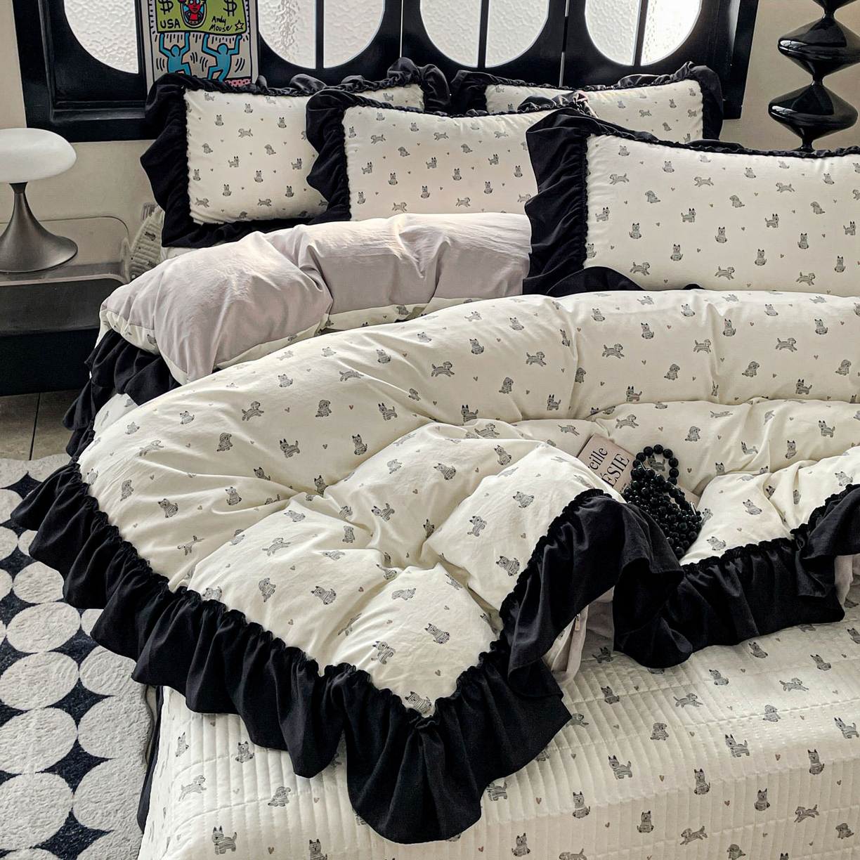 91家纺网 家纺一手货源 找家纺 富米莱（原臻工厂） 2026新款法式赫本风大花边A类古法仿棉云感纱床盖床裙四件套 恰恰狗