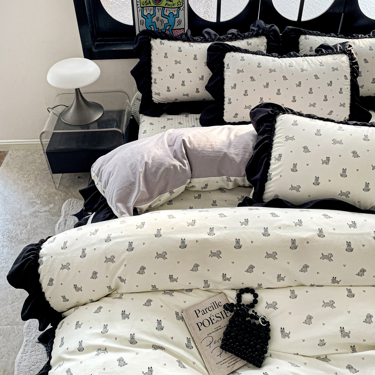 91家纺网 家纺一手货源 找家纺 富米莱（原臻工厂） 2026新款法式赫本风大花边A类古法仿棉云感纱床盖床裙四件套 恰恰狗