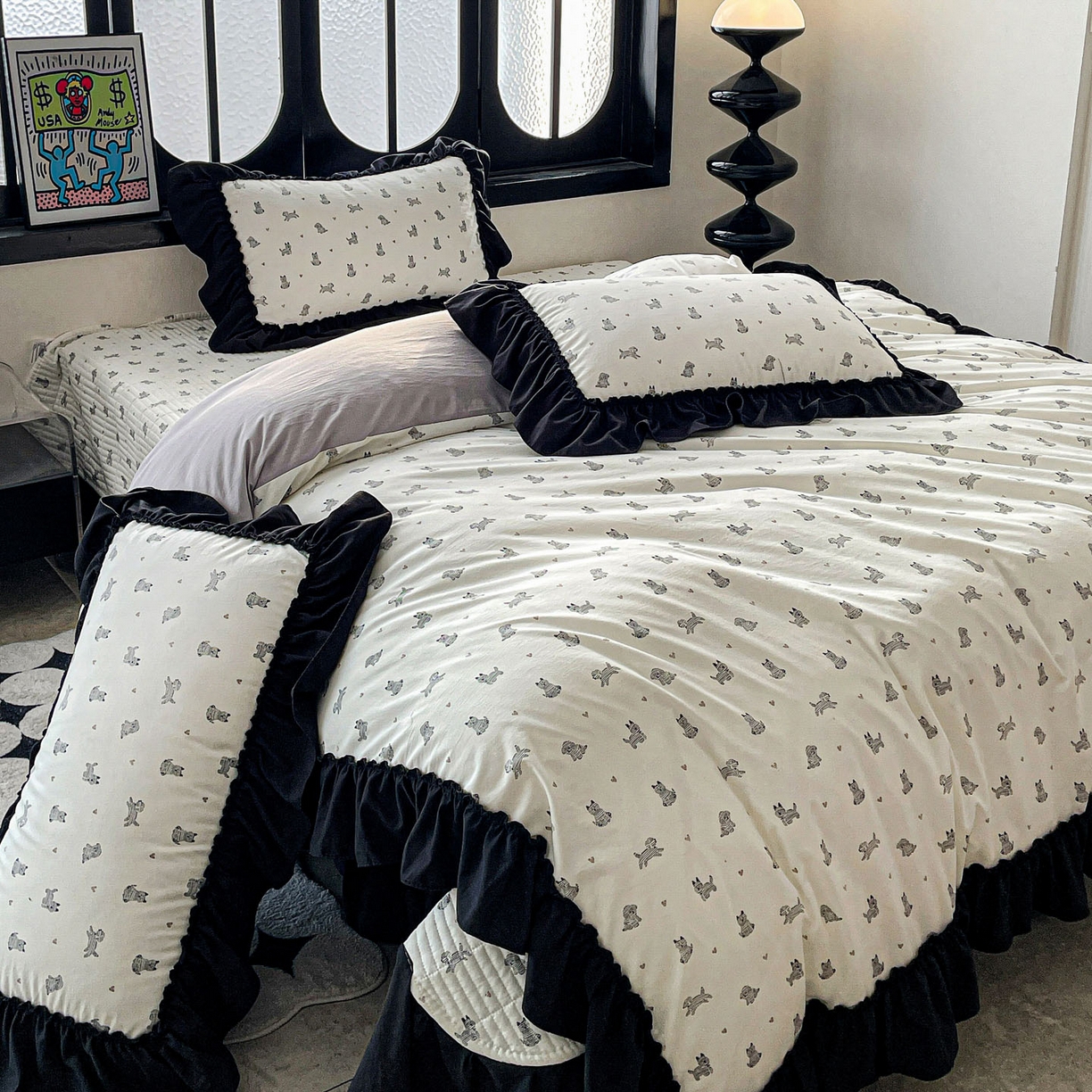 91家纺网 家纺一手货源 找家纺 富米莱（原臻工厂） 2026新款法式赫本风大花边A类古法仿棉云感纱床盖床裙四件套 恰恰狗