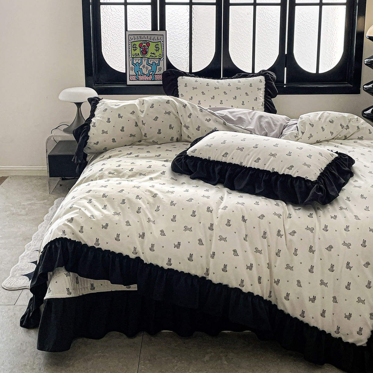 91家纺网 家纺一手货源 找家纺 富米莱（原臻工厂） 2026新款法式赫本风大花边A类古法仿棉云感纱床盖床裙四件套 恰恰狗