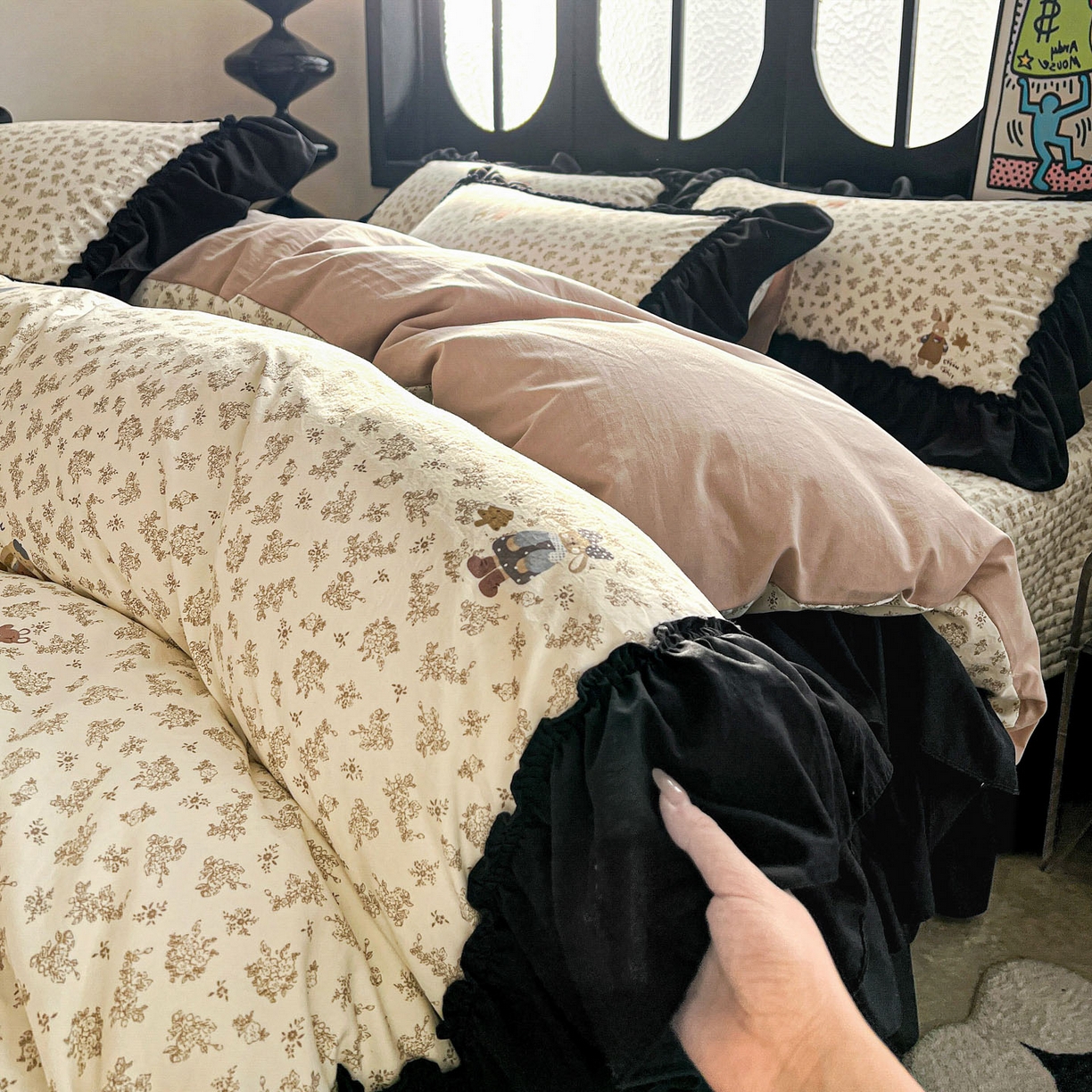 富米莱（原臻工厂） 2026新款法式赫本风大花边A类古法仿棉云感纱床盖床裙四件套 午后时光