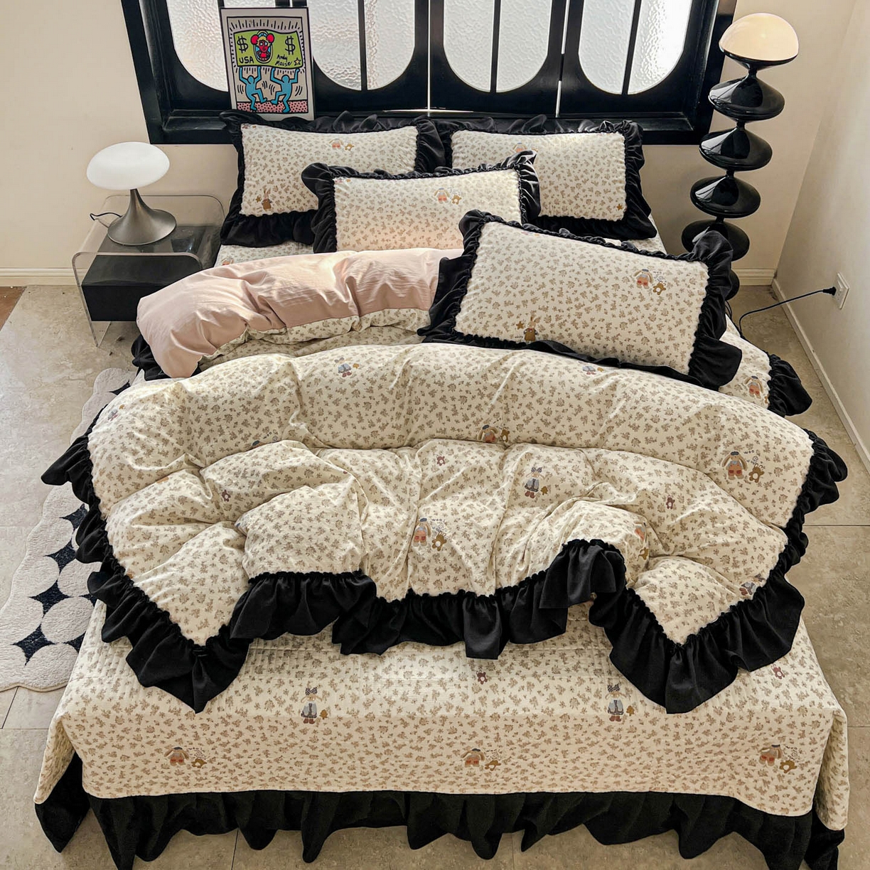 91家纺网 家纺一手货源 找家纺 富米莱（原臻工厂） 2026新款法式赫本风大花边A类古法仿棉云感纱床盖床裙四件套 午后时光