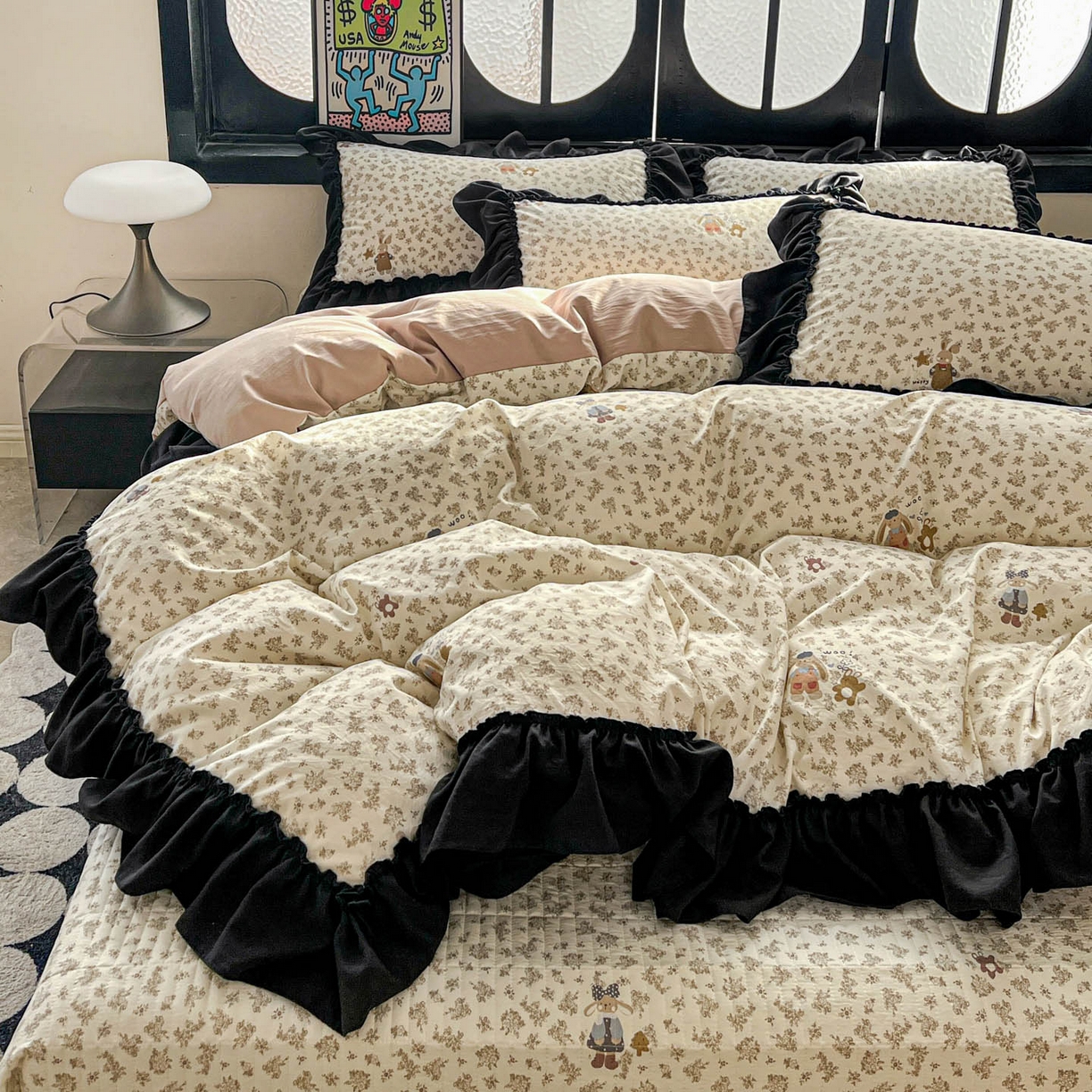 91家纺网 家纺一手货源 找家纺 富米莱（原臻工厂） 2026新款法式赫本风大花边A类古法仿棉云感纱床盖床裙四件套 午后时光