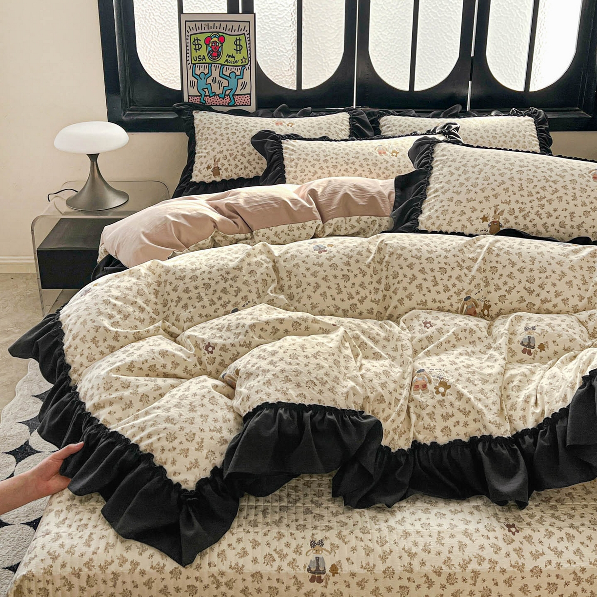 91家纺网 家纺一手货源 找家纺 富米莱（原臻工厂） 2026新款法式赫本风大花边A类古法仿棉云感纱床盖床裙四件套 午后时光