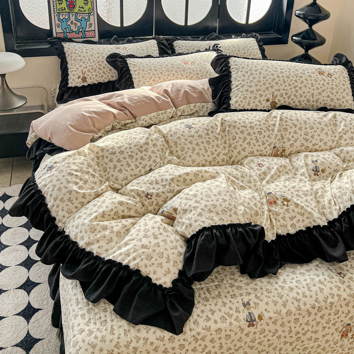 91家纺网 家纺一手货源 找家纺 富米莱（原臻工厂） 2026新款法式赫本风大花边A类古法仿棉云感纱床盖床裙四件套 午后时光