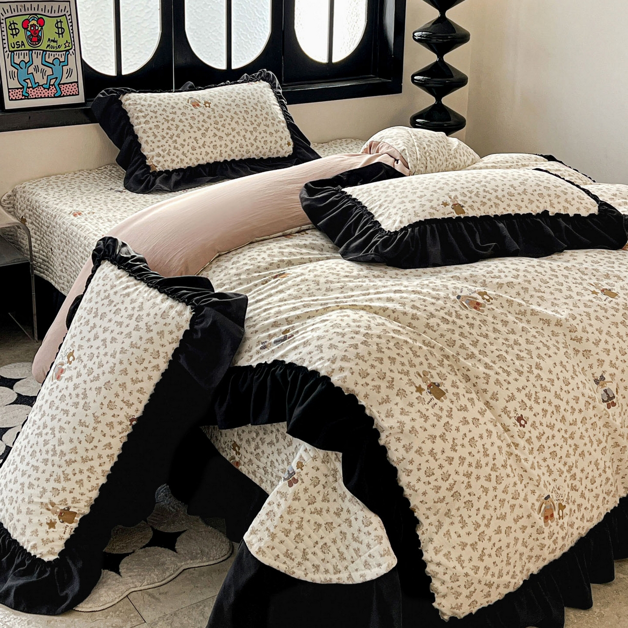 91家纺网 家纺一手货源 找家纺 富米莱（原臻工厂） 2026新款法式赫本风大花边A类古法仿棉云感纱床盖床裙四件套 午后时光