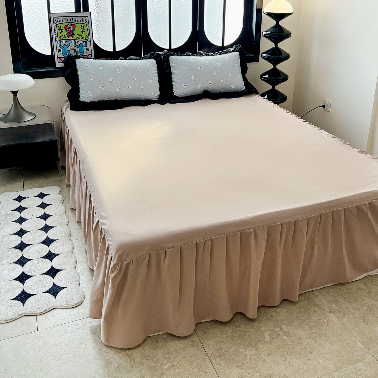 91家纺网 家纺一手货源 找家纺 富米莱（原臻工厂） 2026新款法式赫本风大花边A类古法仿棉云感纱床盖床裙四件套 雾蓝小熊