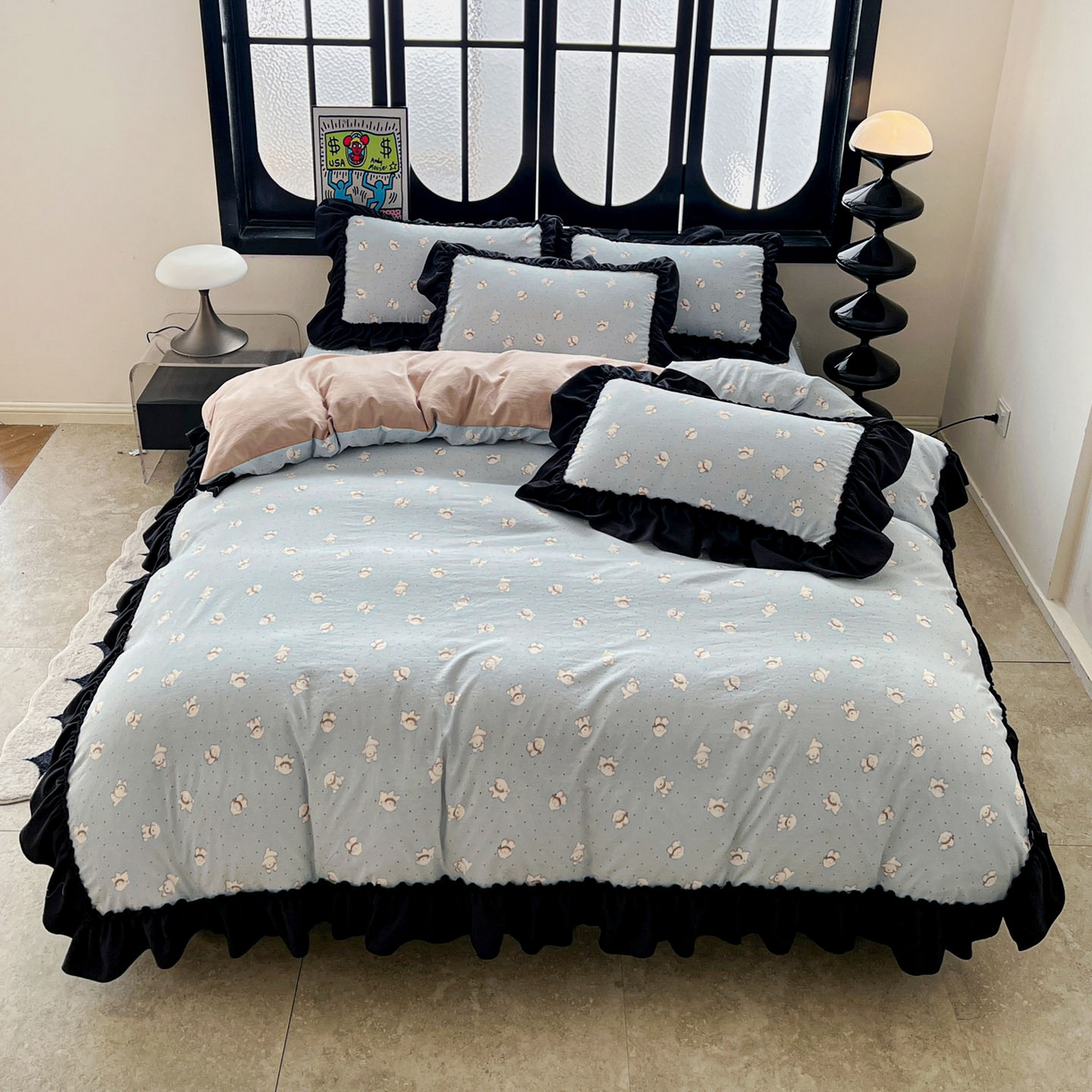 91家纺网 家纺一手货源 找家纺 富米莱（原臻工厂） 2026新款法式赫本风大花边A类古法仿棉云感纱床盖床裙四件套 雾蓝小熊