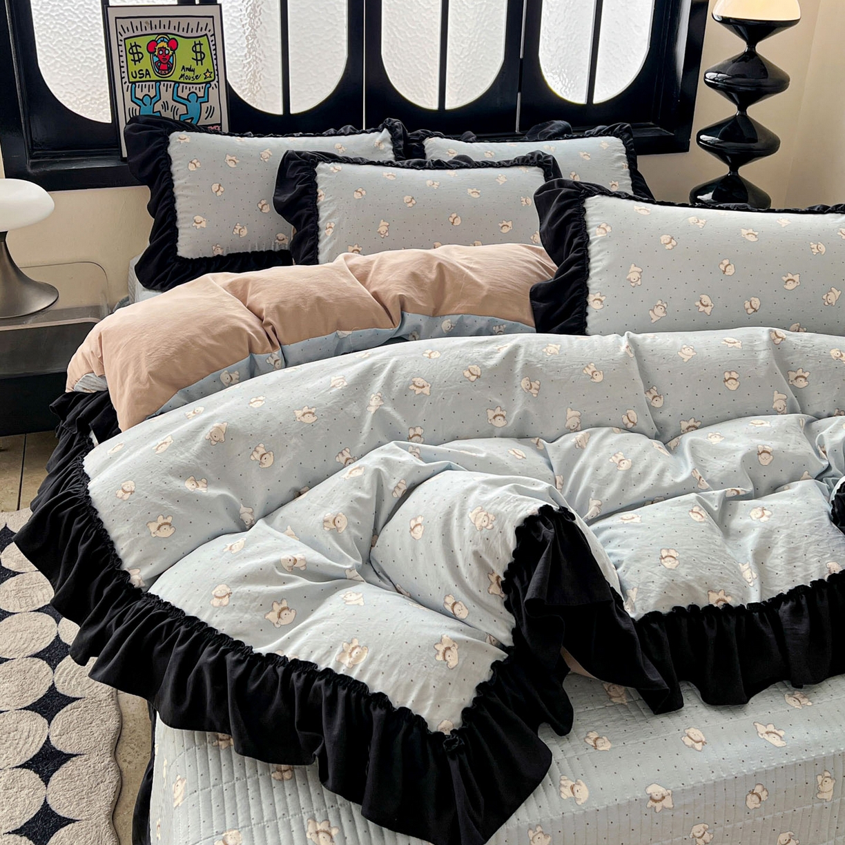 91家纺网 家纺一手货源 找家纺 富米莱（原臻工厂） 2026新款法式赫本风大花边A类古法仿棉云感纱床盖床裙四件套 雾蓝小熊