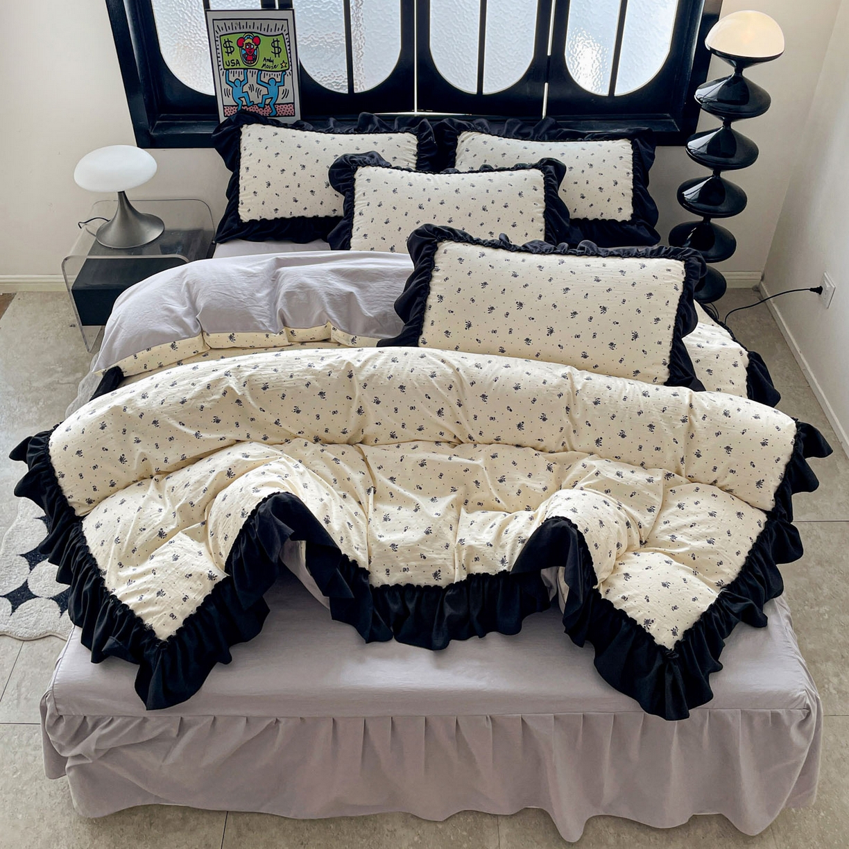 91家纺网 家纺一手货源 找家纺 富米莱（原臻工厂） 2026新款法式赫本风大花边A类古法仿棉云感纱床盖床裙四件套 小玫瑰