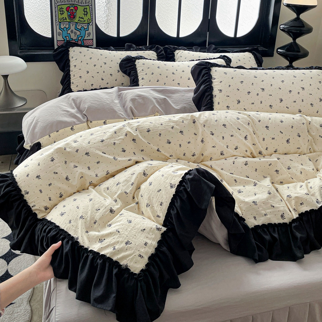 91家纺网 家纺一手货源 找家纺 富米莱（原臻工厂） 2026新款法式赫本风大花边A类古法仿棉云感纱床盖床裙四件套 小玫瑰