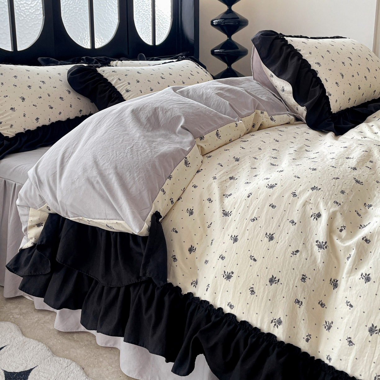 91家纺网 家纺一手货源 找家纺 富米莱（原臻工厂） 2026新款法式赫本风大花边A类古法仿棉云感纱床盖床裙四件套 小玫瑰