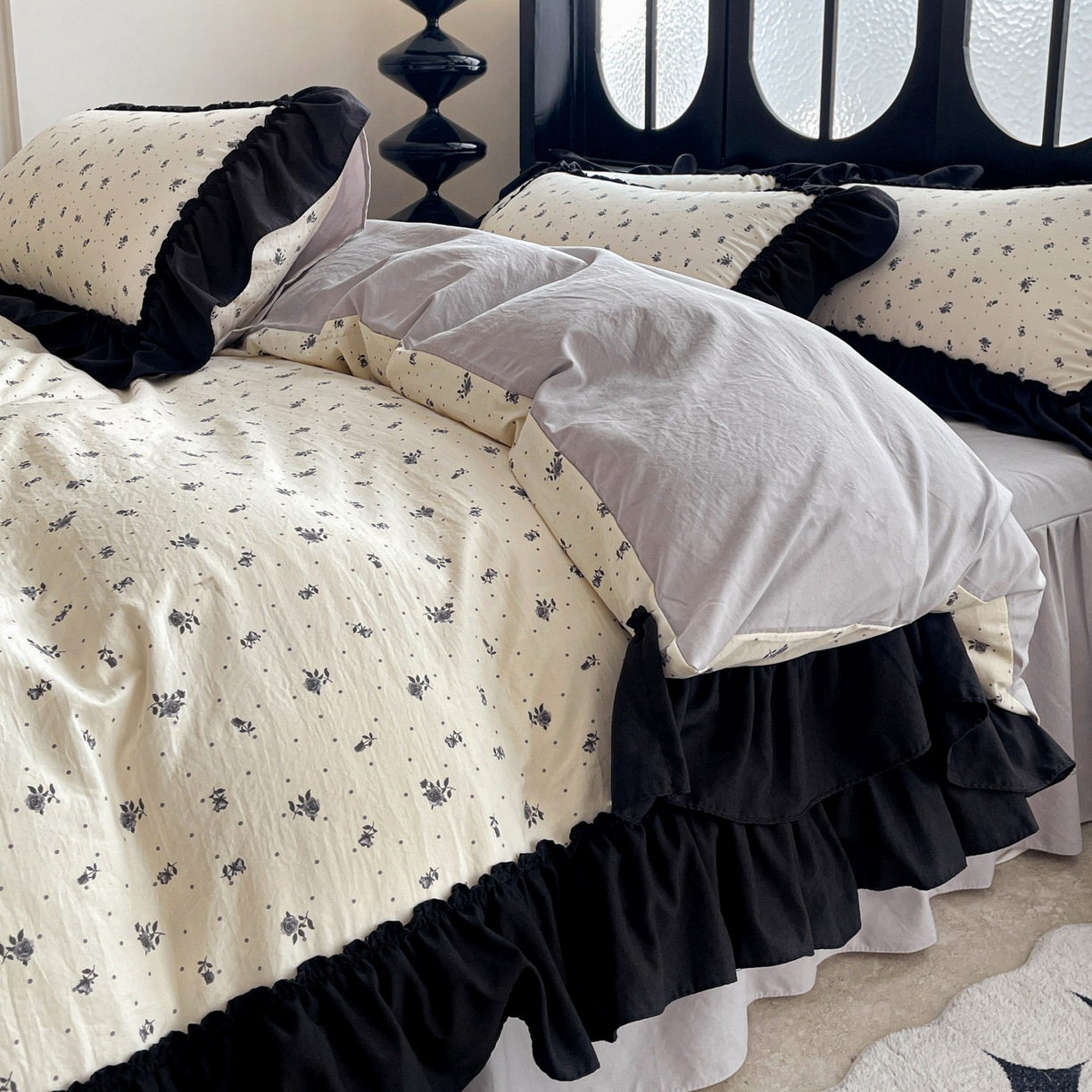 91家纺网 家纺一手货源 找家纺 富米莱（原臻工厂） 2026新款法式赫本风大花边A类古法仿棉云感纱床盖床裙四件套 小玫瑰