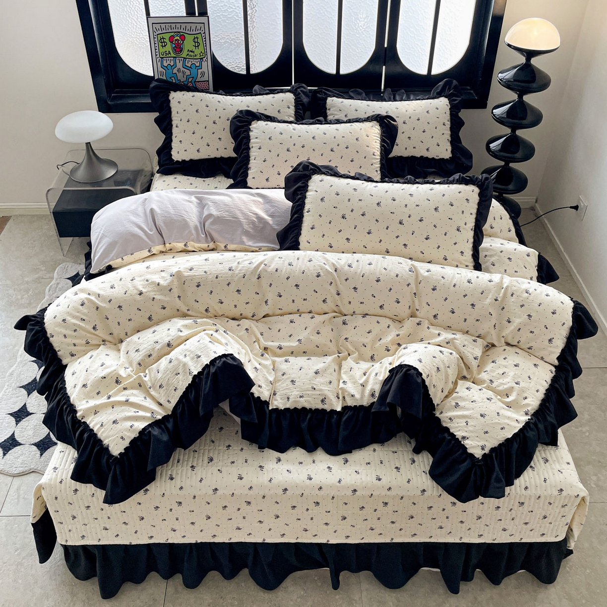 91家纺网 家纺一手货源 找家纺 富米莱（原臻工厂） 2026新款法式赫本风大花边A类古法仿棉云感纱床盖床裙四件套 小玫瑰