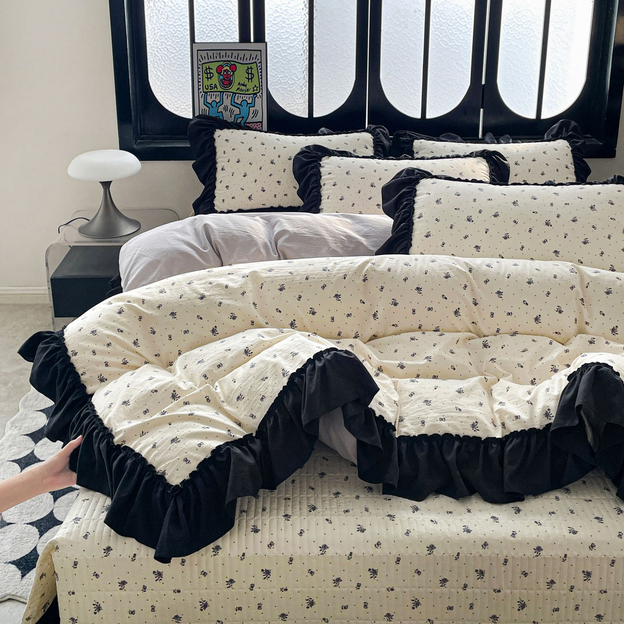 91家纺网 家纺一手货源 找家纺 富米莱（原臻工厂） 2026新款法式赫本风大花边A类古法仿棉云感纱床盖床裙四件套 小玫瑰