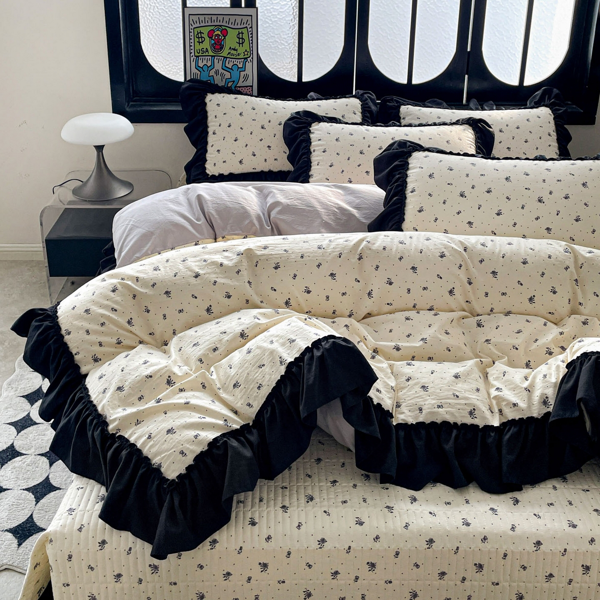 91家纺网 家纺一手货源 找家纺 富米莱（原臻工厂） 2026新款法式赫本风大花边A类古法仿棉云感纱床盖床裙四件套 小玫瑰