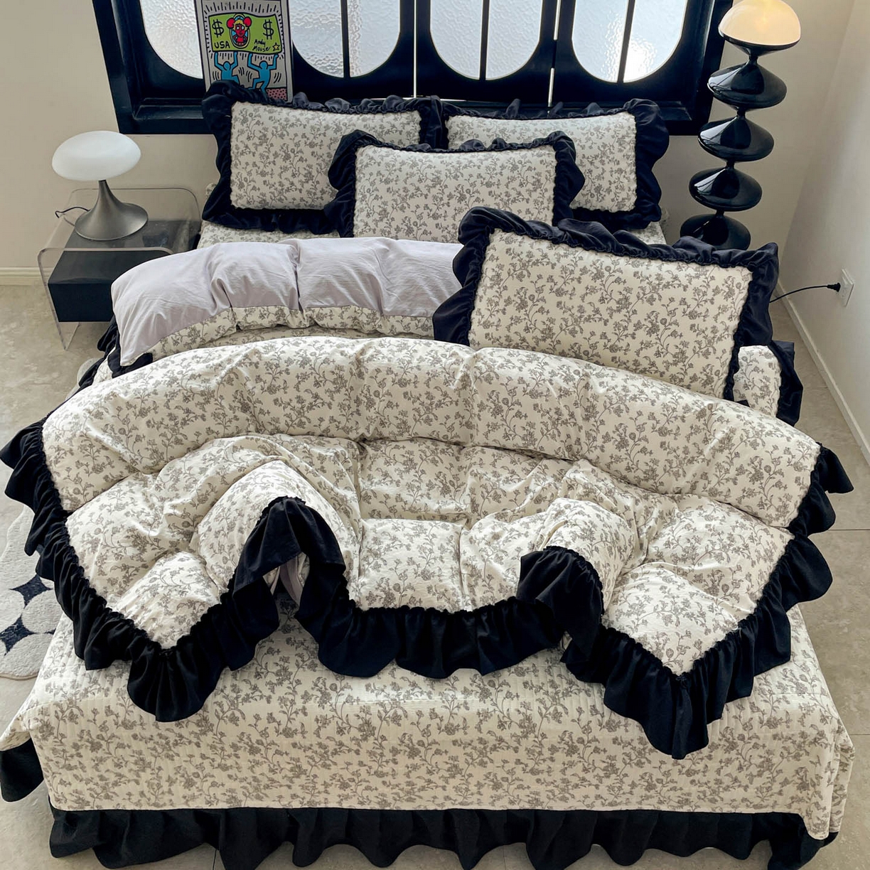 91家纺网 家纺一手货源 找家纺 富米莱（原臻工厂） 2026新款法式赫本风大花边A类古法仿棉云感纱床盖床裙四件套 星河入梦