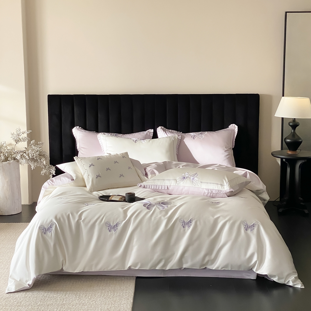 91家纺网 家纺一手货源 找家纺 极简 2026春夏新品100S长绒棉精密刺绣四件套-梦幻蝶语 梦幻蝶语-白