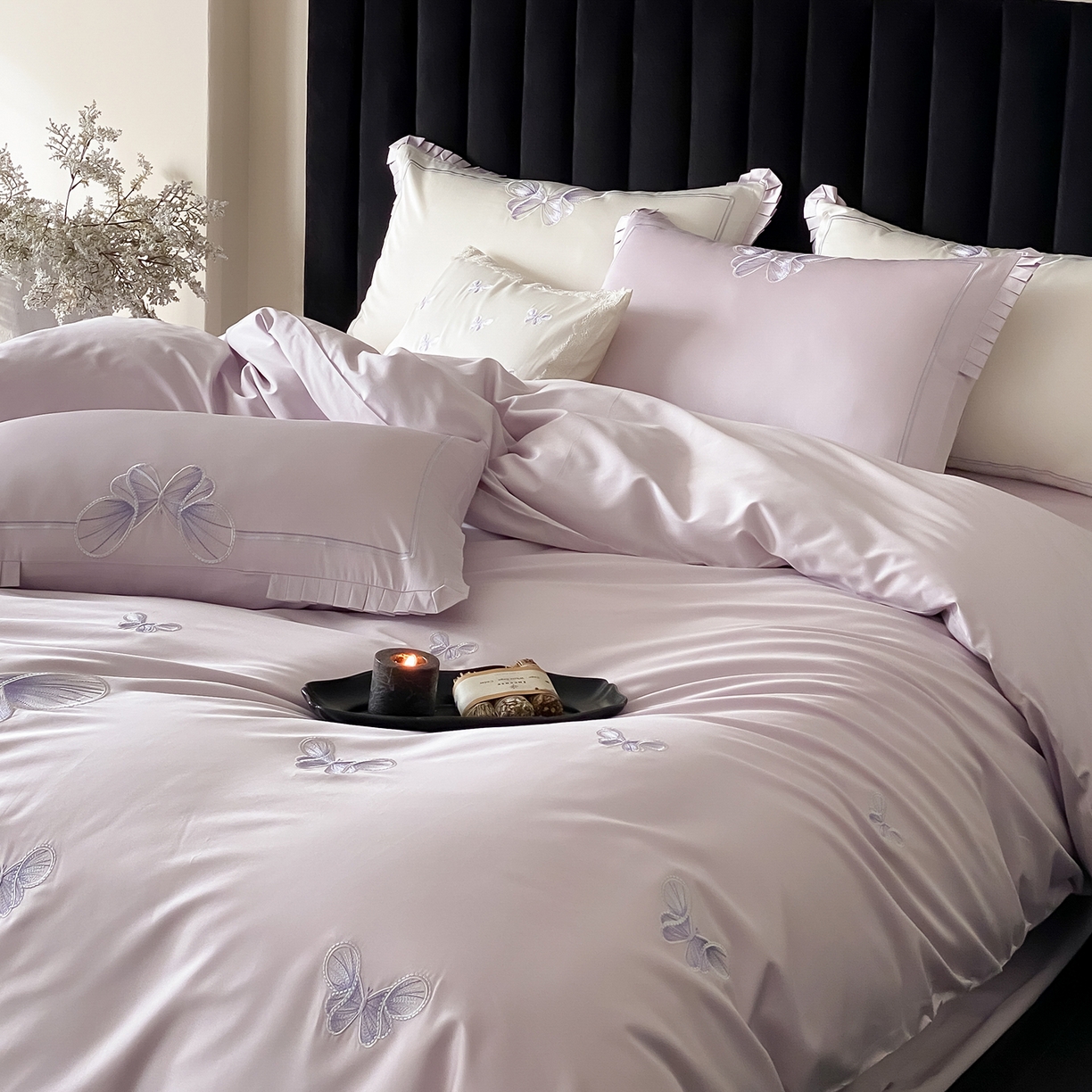 91家纺网 家纺一手货源 找家纺 （总）极简 2026春夏新品100S长绒棉精密刺绣四件套-梦幻蝶语