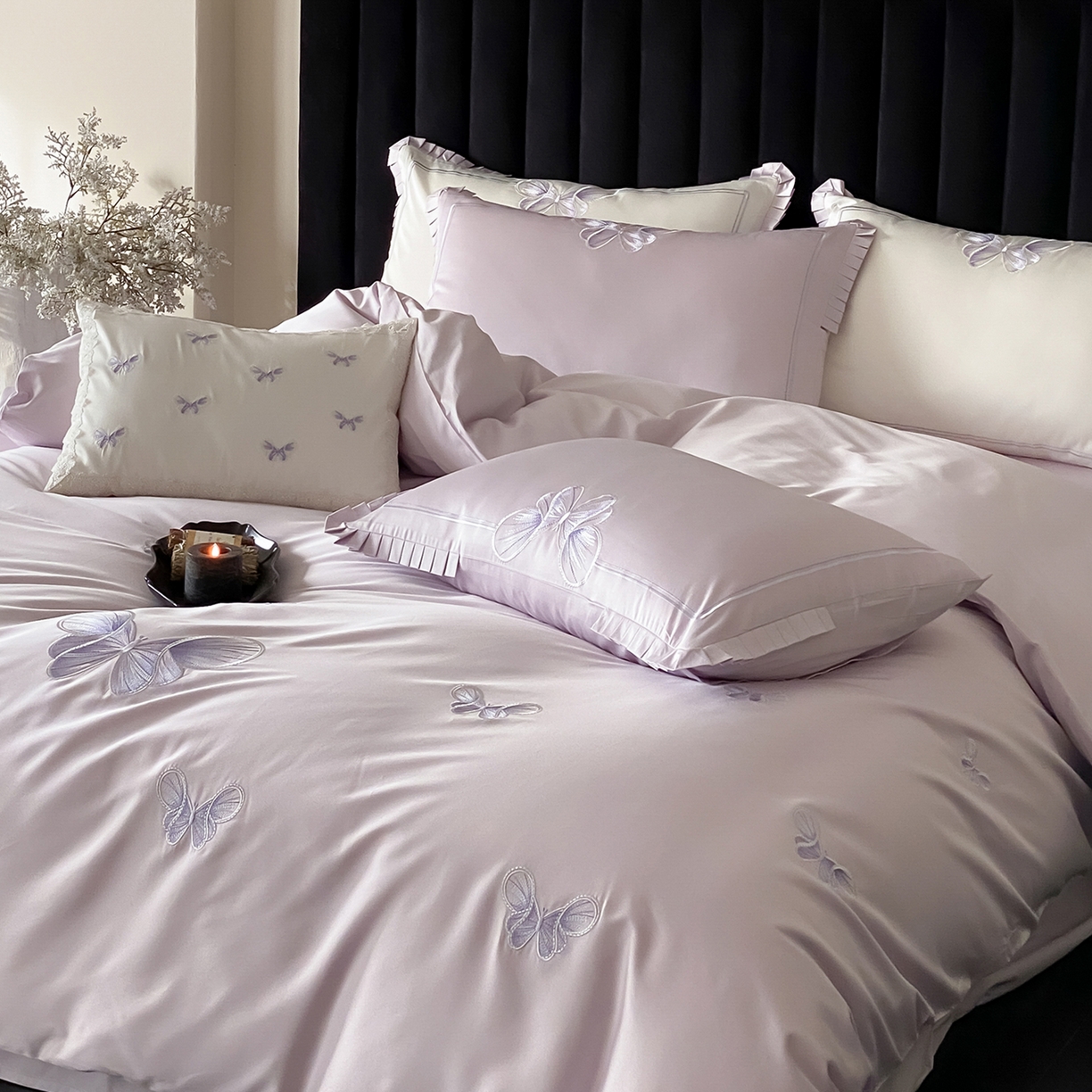 91家纺网 家纺一手货源 找家纺 （总）极简 2026春夏新品100S长绒棉精密刺绣四件套-梦幻蝶语