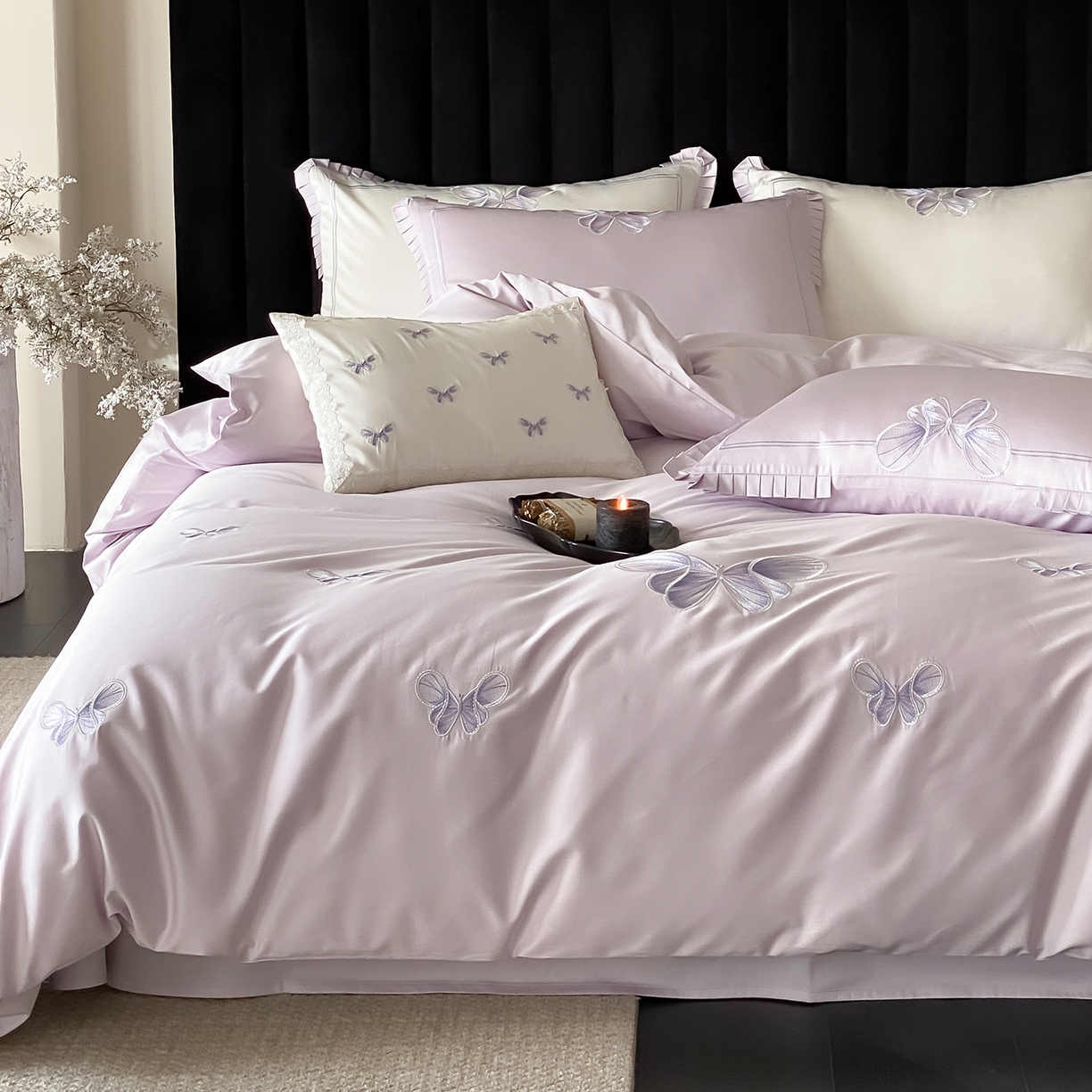 91家纺网 家纺一手货源 找家纺 （总）极简 2026春夏新品100S长绒棉精密刺绣四件套-梦幻蝶语