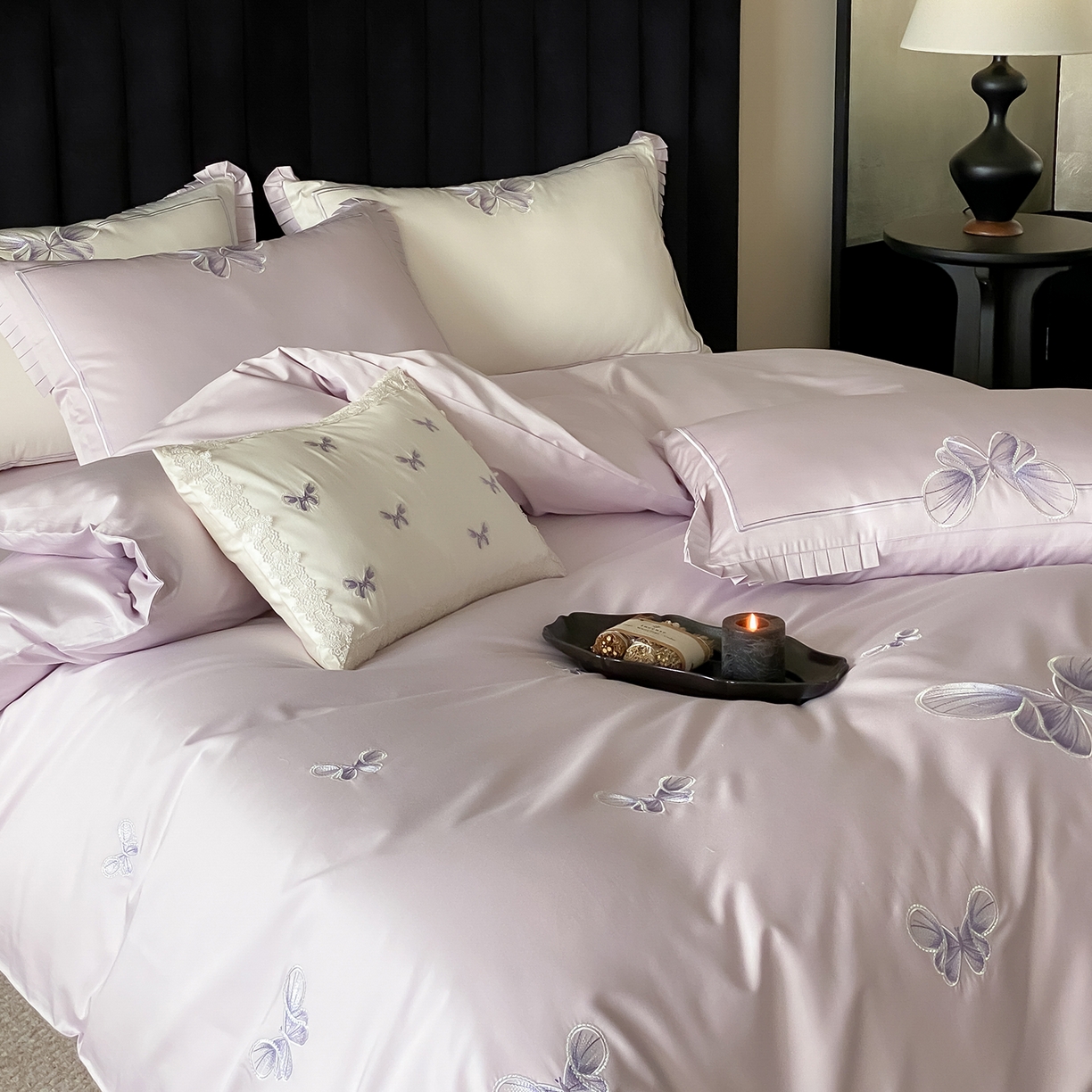 91家纺网 家纺一手货源 找家纺 （总）极简 2026春夏新品100S长绒棉精密刺绣四件套-梦幻蝶语