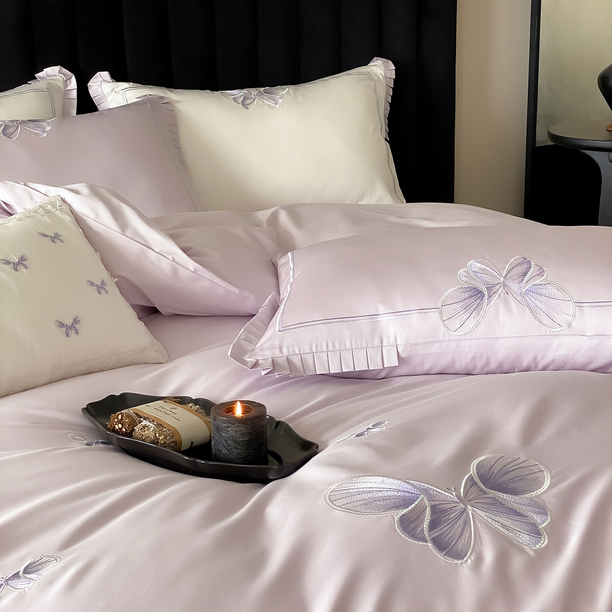 91家纺网 家纺一手货源 找家纺 （总）极简 2026春夏新品100S长绒棉精密刺绣四件套-梦幻蝶语