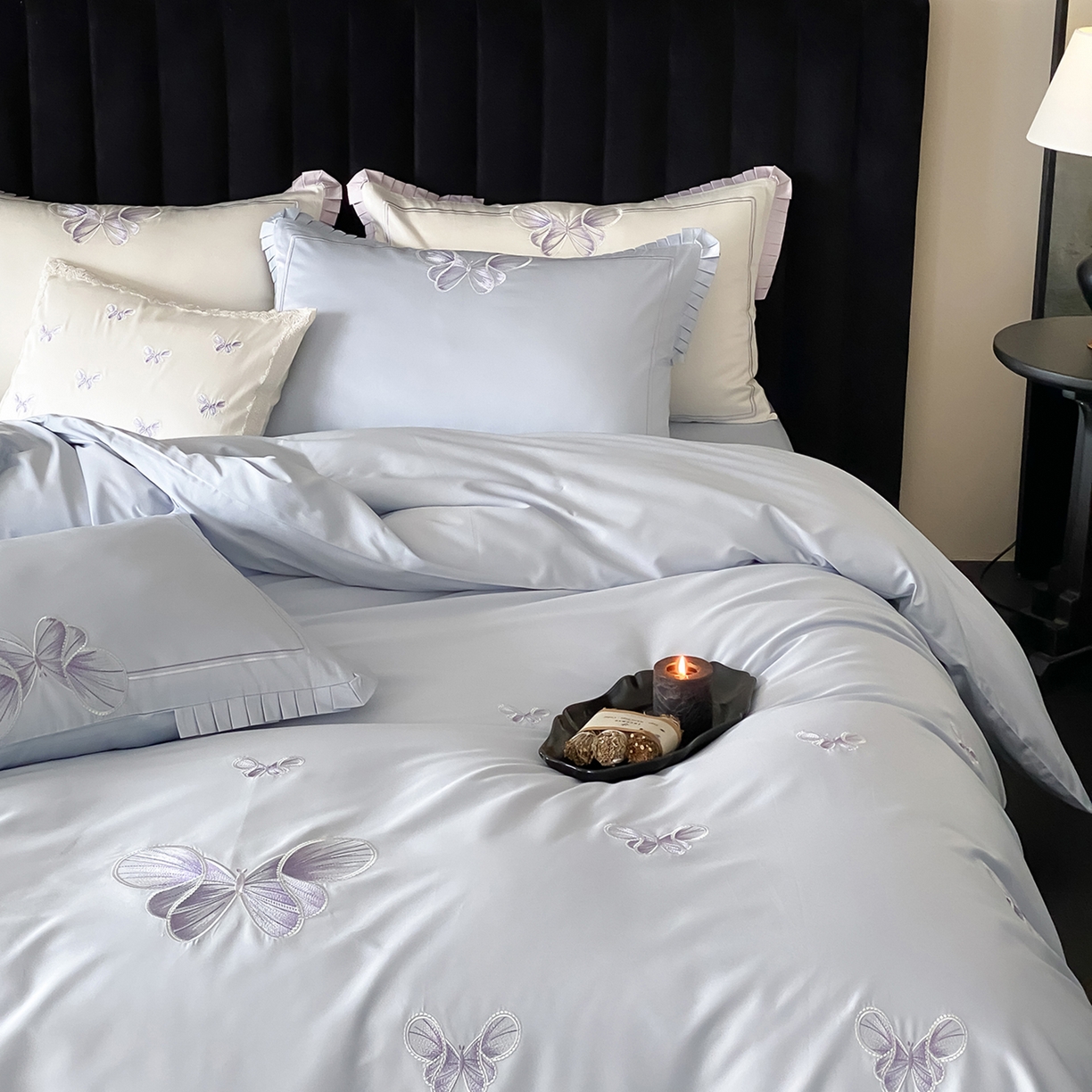 91家纺网 家纺一手货源 找家纺 极简 2026春夏新品100S长绒棉精密刺绣四件套-梦幻蝶语 梦幻蝶语-蓝