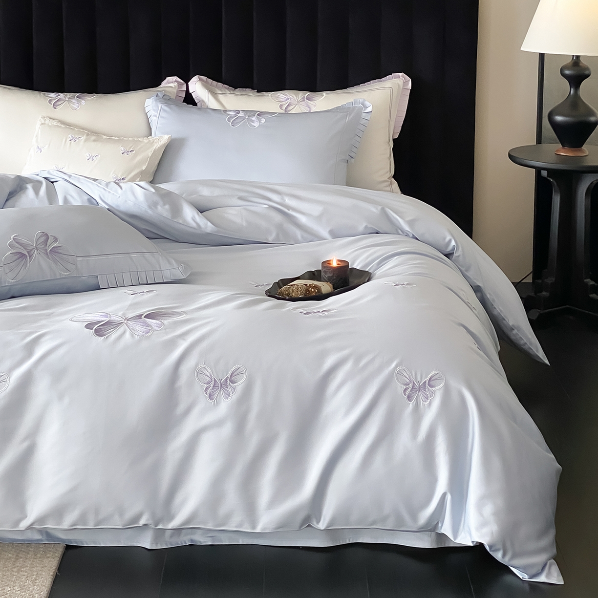 91家纺网 家纺一手货源 找家纺 极简 2026春夏新品100S长绒棉精密刺绣四件套-梦幻蝶语 梦幻蝶语-蓝