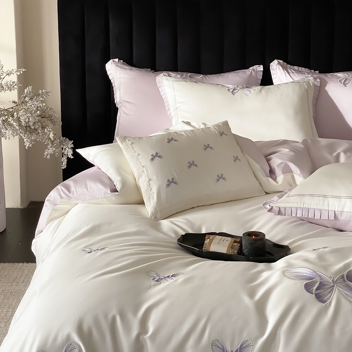 91家纺网 家纺一手货源 找家纺 极简 2026春夏新品100S长绒棉精密刺绣四件套-梦幻蝶语 梦幻蝶语-白