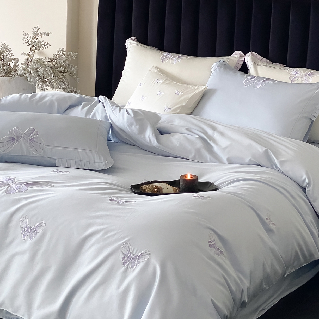 91家纺网 家纺一手货源 找家纺 极简 2026春夏新品100S长绒棉精密刺绣四件套-梦幻蝶语 梦幻蝶语-蓝