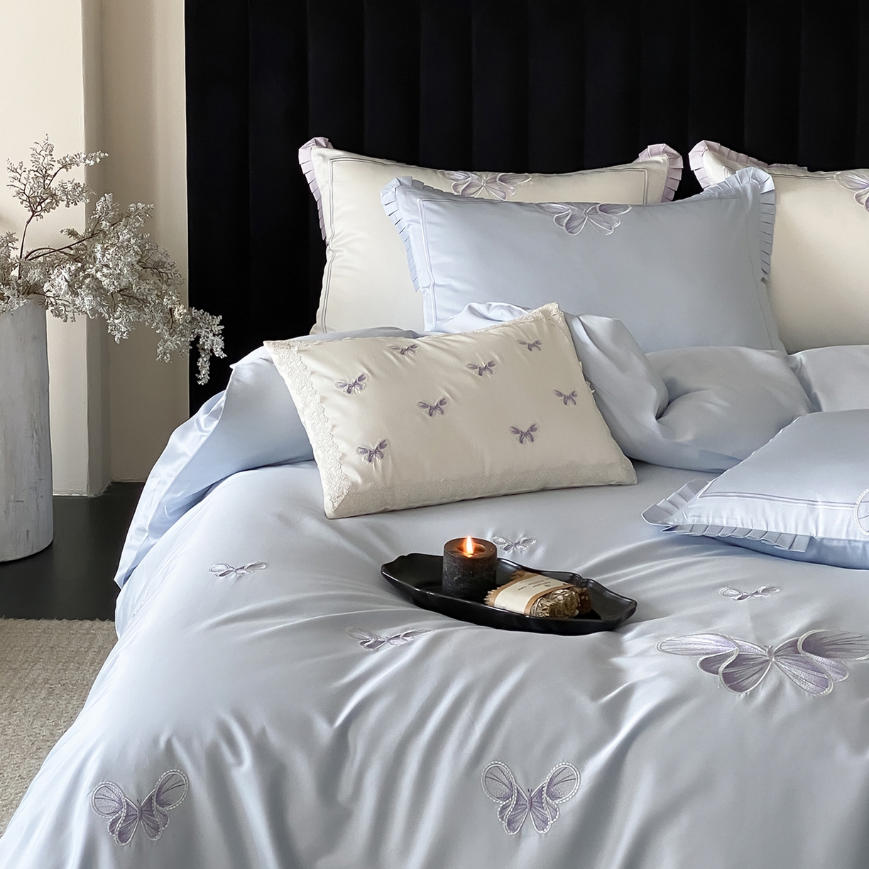 91家纺网 家纺一手货源 找家纺 极简 2026春夏新品100S长绒棉精密刺绣四件套-梦幻蝶语 梦幻蝶语-蓝