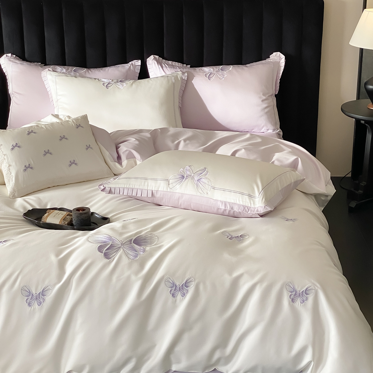 91家纺网 家纺一手货源 找家纺 极简 2026春夏新品100S长绒棉精密刺绣四件套-梦幻蝶语 梦幻蝶语-白