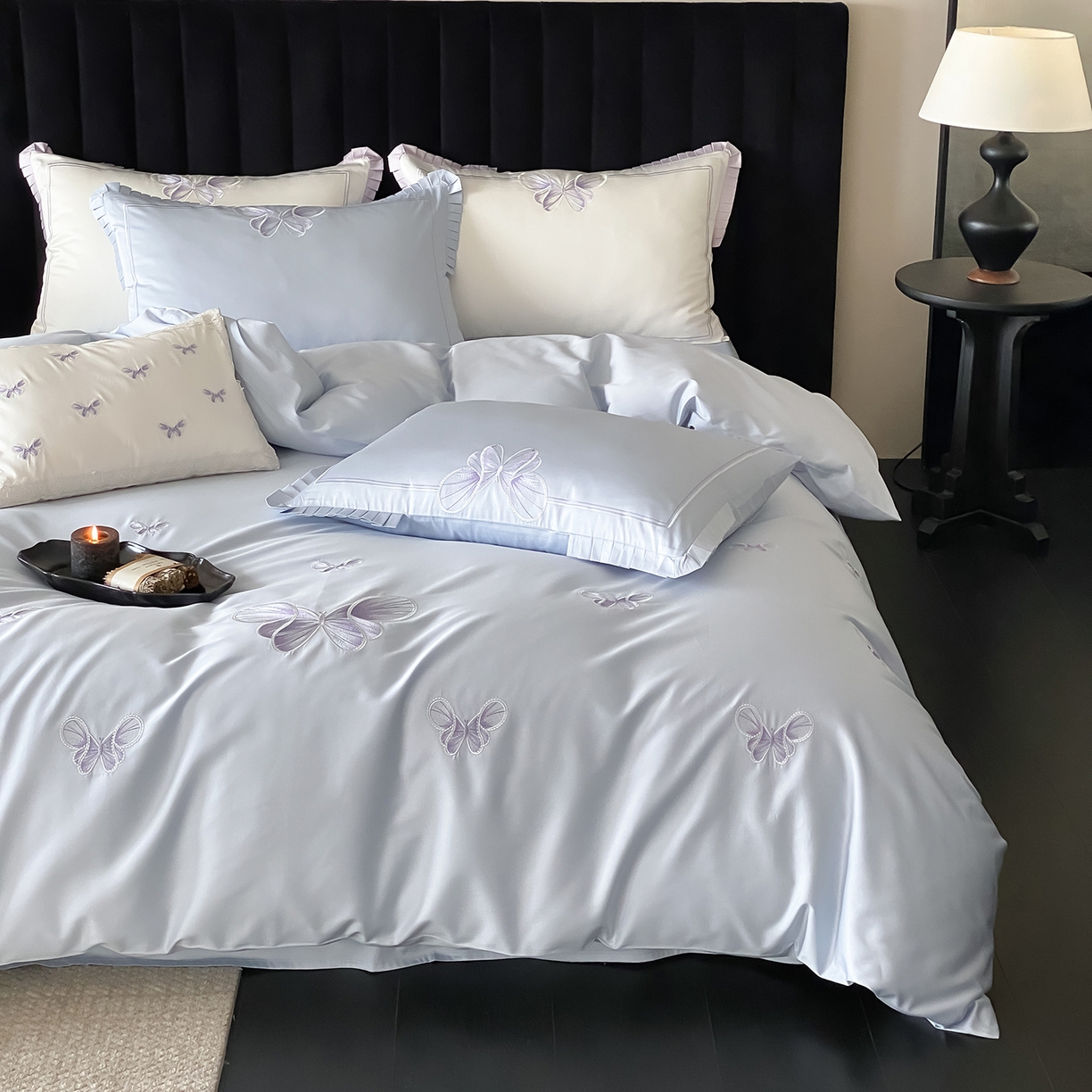 91家纺网 家纺一手货源 找家纺 极简 2026春夏新品100S长绒棉精密刺绣四件套-梦幻蝶语 梦幻蝶语-蓝