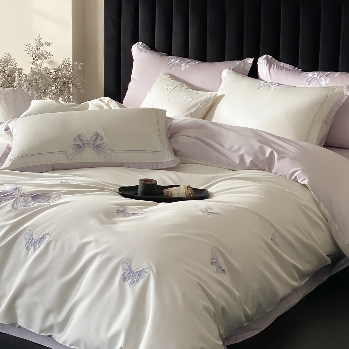 91家纺网 家纺一手货源 找家纺 极简 2026春夏新品100S长绒棉精密刺绣四件套-梦幻蝶语 梦幻蝶语-白