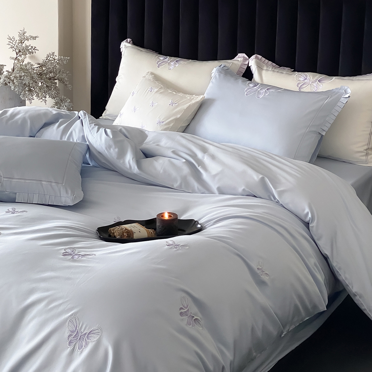 91家纺网 家纺一手货源 找家纺 极简 2026春夏新品100S长绒棉精密刺绣四件套-梦幻蝶语 梦幻蝶语-蓝