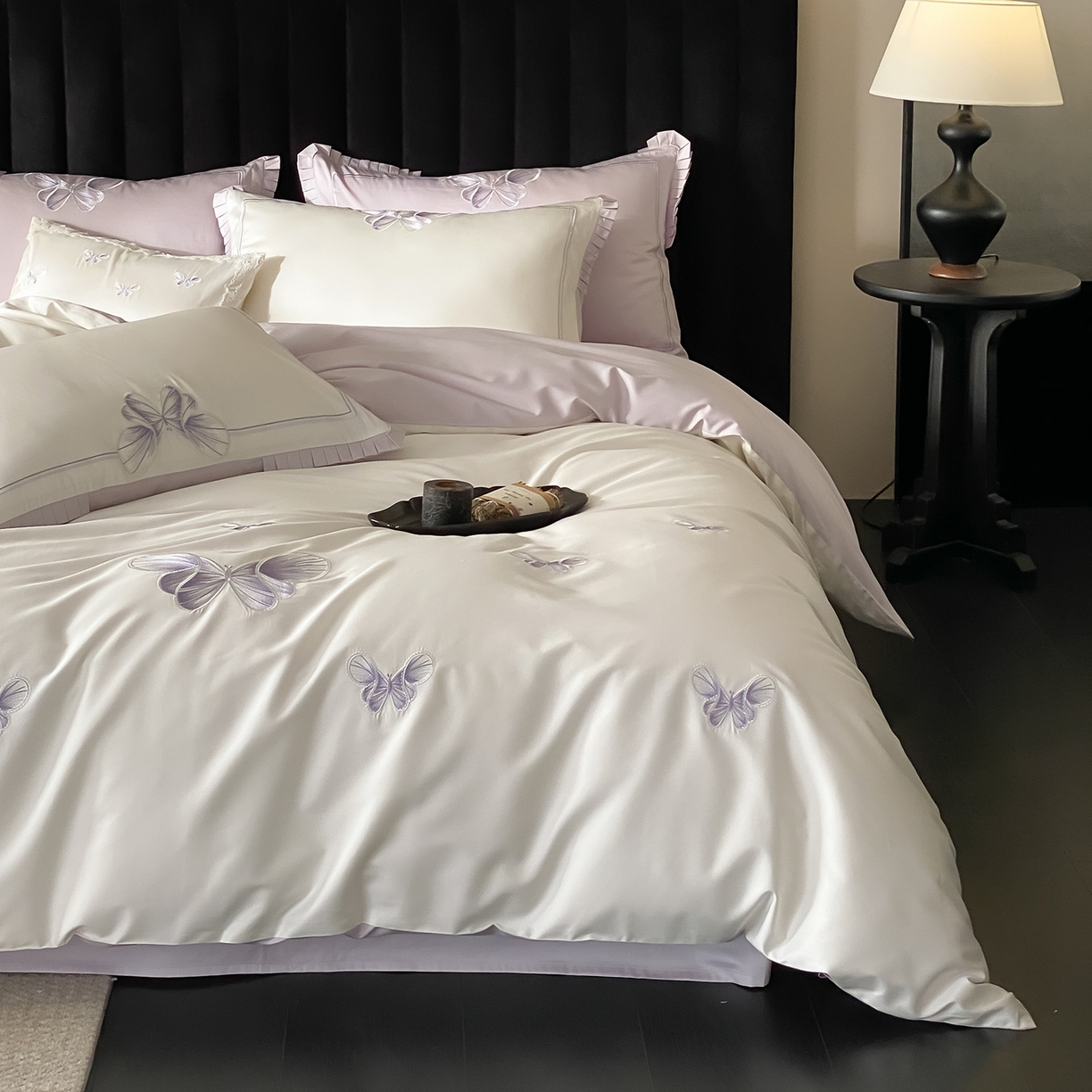 91家纺网 家纺一手货源 找家纺 极简 2026春夏新品100S长绒棉精密刺绣四件套-梦幻蝶语 梦幻蝶语-白