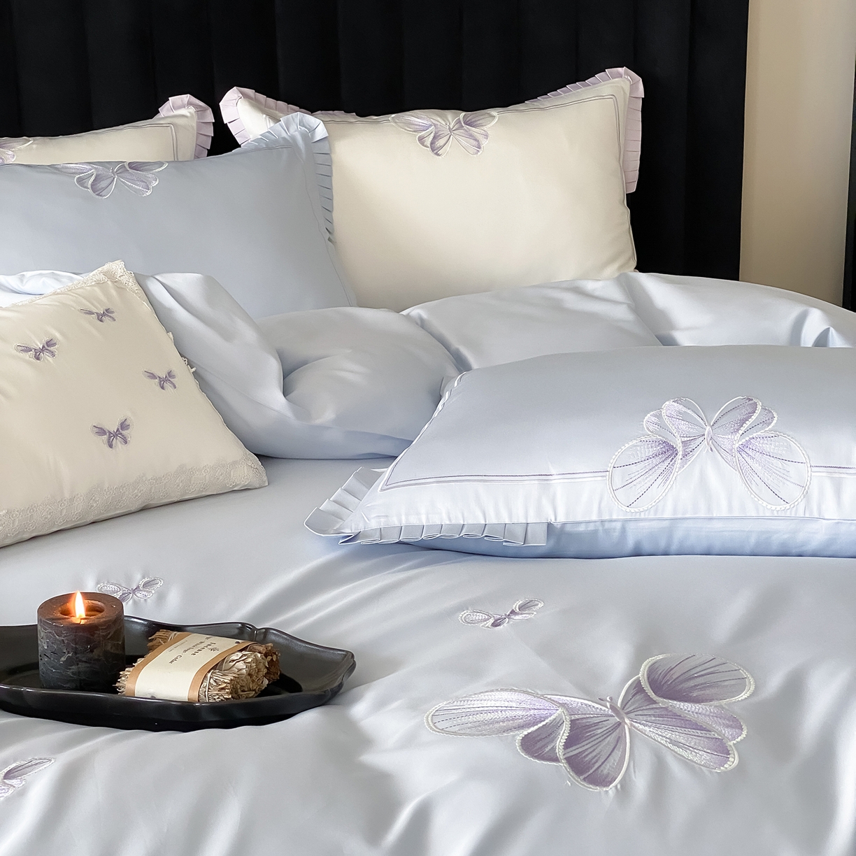 91家纺网 家纺一手货源 找家纺 极简 2026春夏新品100S长绒棉精密刺绣四件套-梦幻蝶语 梦幻蝶语-蓝