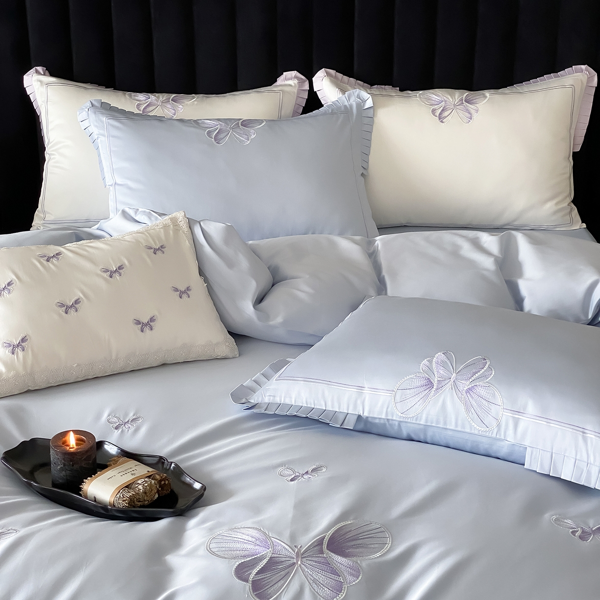 91家纺网 家纺一手货源 找家纺 极简 2026春夏新品100S长绒棉精密刺绣四件套-梦幻蝶语 梦幻蝶语-蓝