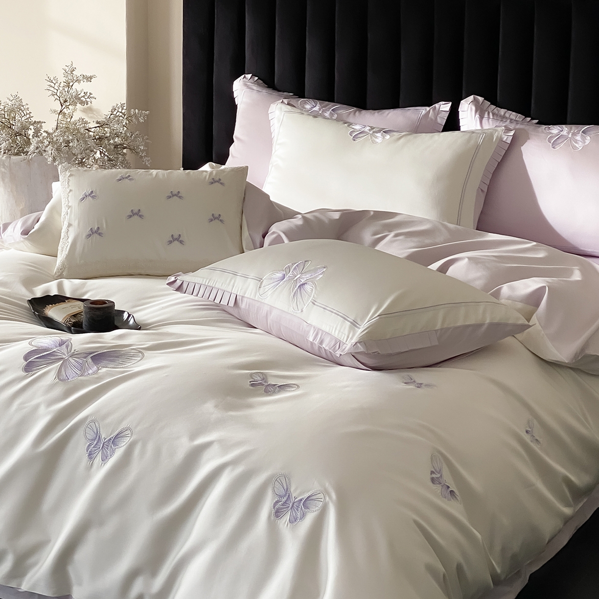 91家纺网 家纺一手货源 找家纺 极简 2026春夏新品100S长绒棉精密刺绣四件套-梦幻蝶语 梦幻蝶语-白