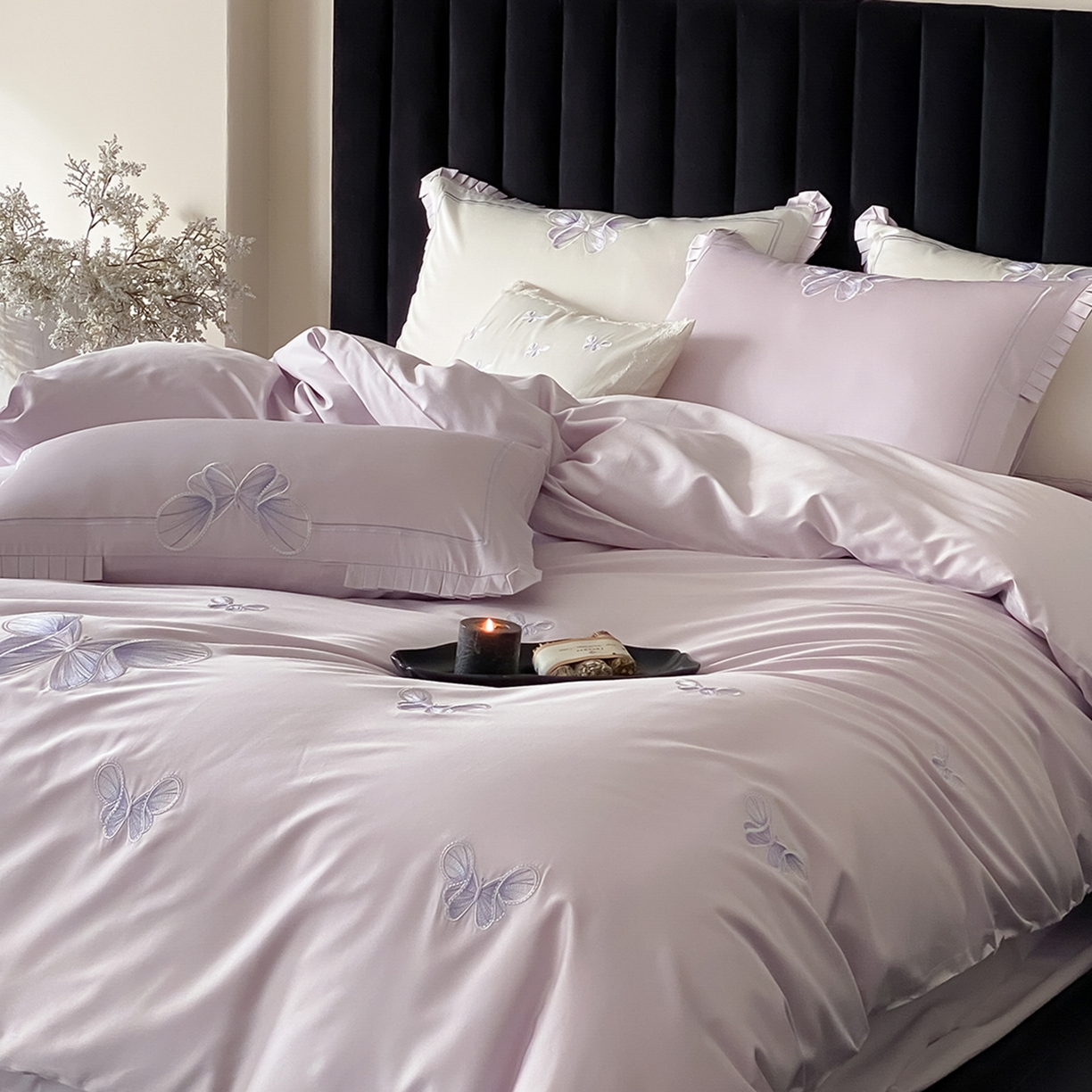 91家纺网 家纺一手货源 找家纺 极简 2026春夏新品100S长绒棉精密刺绣四件套-梦幻蝶语 梦幻蝶语-紫