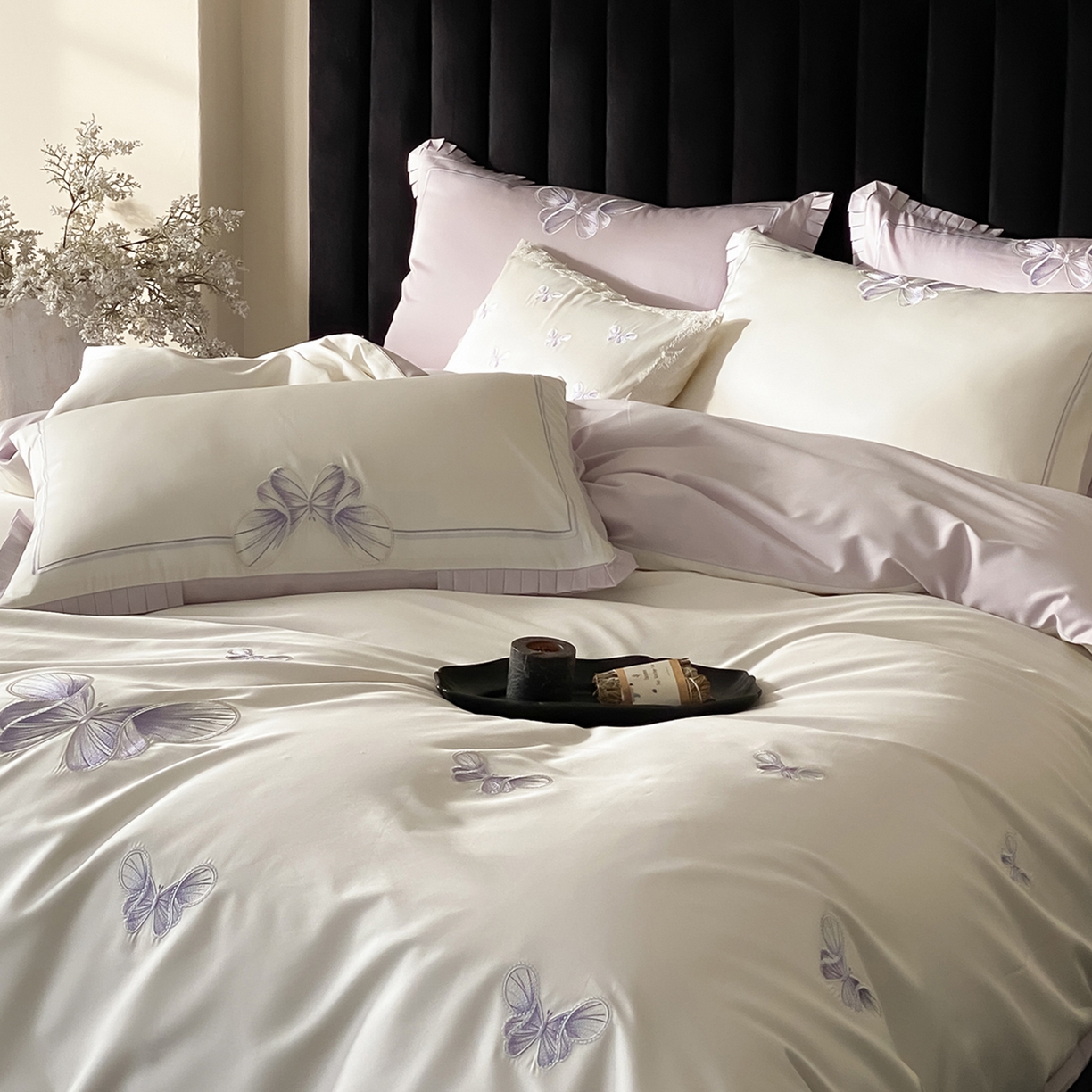 91家纺网 家纺一手货源 找家纺 极简 2026春夏新品100S长绒棉精密刺绣四件套-梦幻蝶语 梦幻蝶语-白