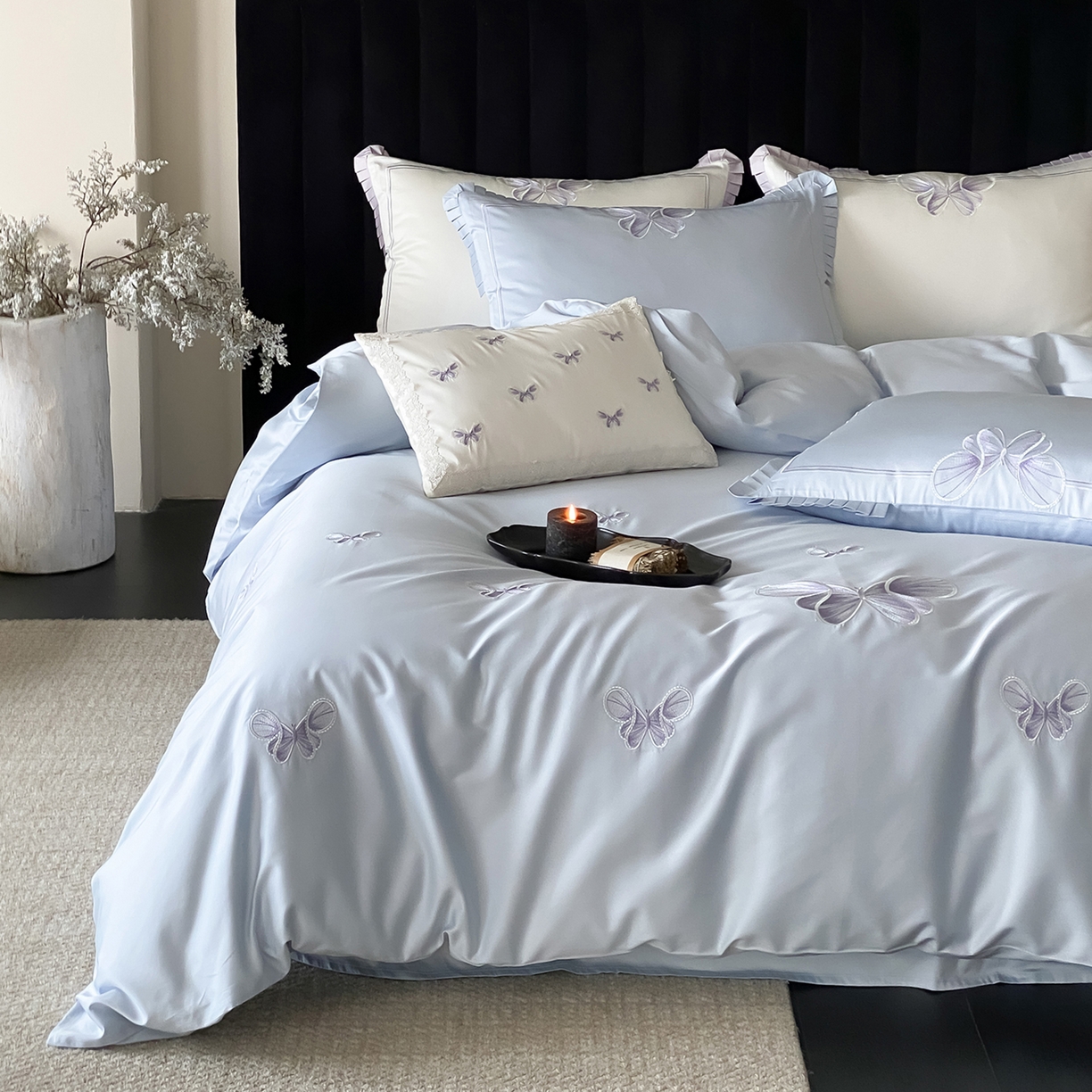 91家纺网 家纺一手货源 找家纺 极简 2026春夏新品100S长绒棉精密刺绣四件套-梦幻蝶语 梦幻蝶语-蓝