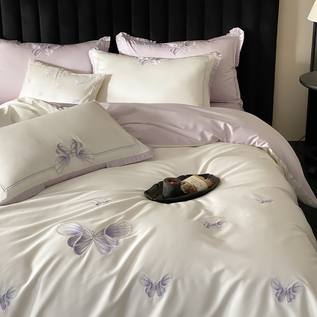 91家纺网 家纺一手货源 找家纺 极简 2026春夏新品100S长绒棉精密刺绣四件套-梦幻蝶语 梦幻蝶语-白