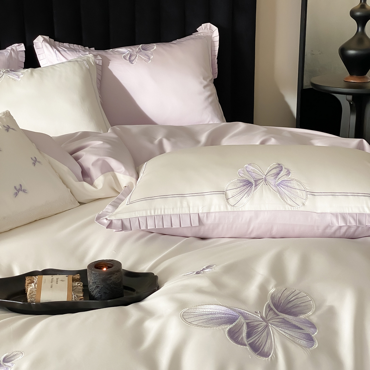 91家纺网 家纺一手货源 找家纺 极简 2026春夏新品100S长绒棉精密刺绣四件套-梦幻蝶语 梦幻蝶语-白