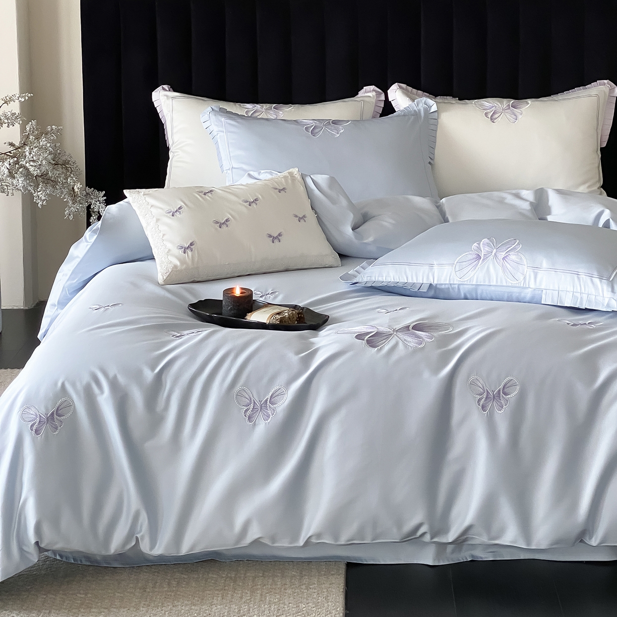 91家纺网 家纺一手货源 找家纺 极简 2026春夏新品100S长绒棉精密刺绣四件套-梦幻蝶语 梦幻蝶语-蓝