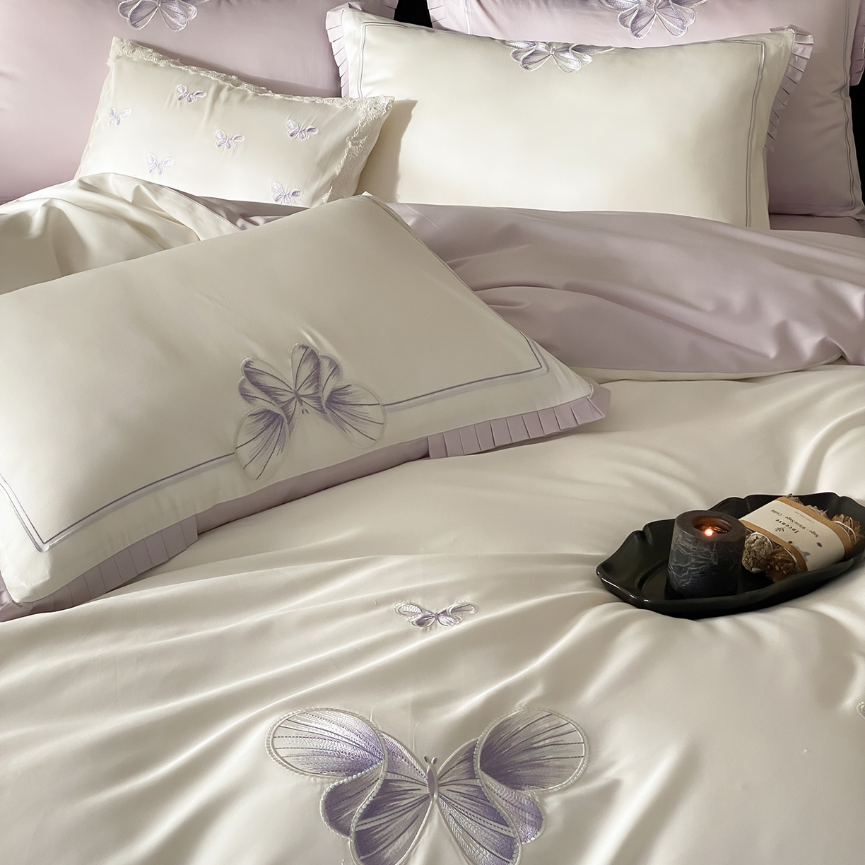 91家纺网 家纺一手货源 找家纺 极简 2026春夏新品100S长绒棉精密刺绣四件套-梦幻蝶语 梦幻蝶语-白