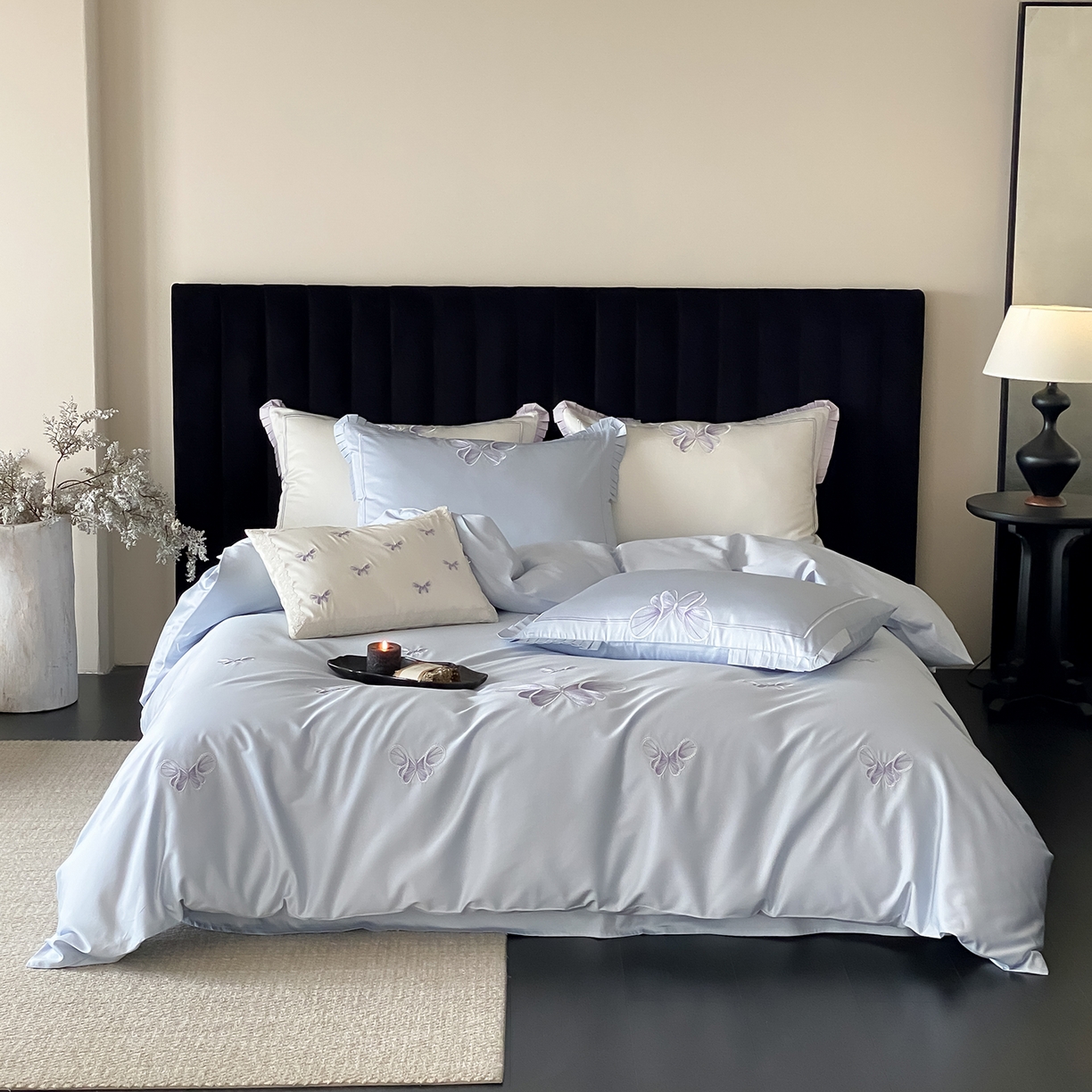 极简 2026春夏新品100S长绒棉精密刺绣四件套-梦幻蝶语 梦幻蝶语-蓝