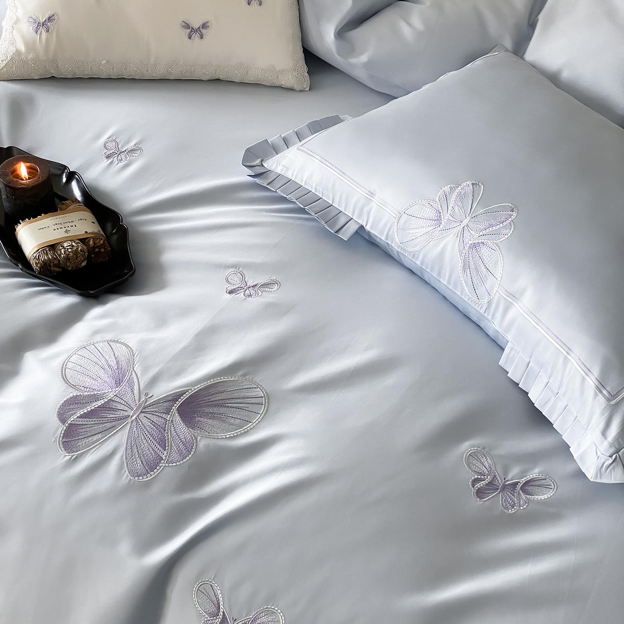 91家纺网 家纺一手货源 找家纺 极简 2026春夏新品100S长绒棉精密刺绣四件套-梦幻蝶语 梦幻蝶语-蓝